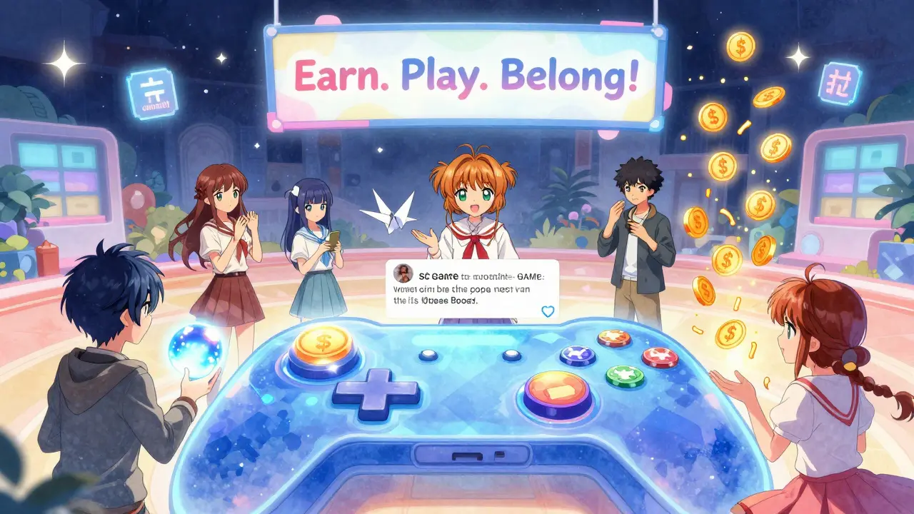 Diverse players earn $GAME through staking, quests, and gameplay in a glowing digital plaza with anime-inspired sparkles.