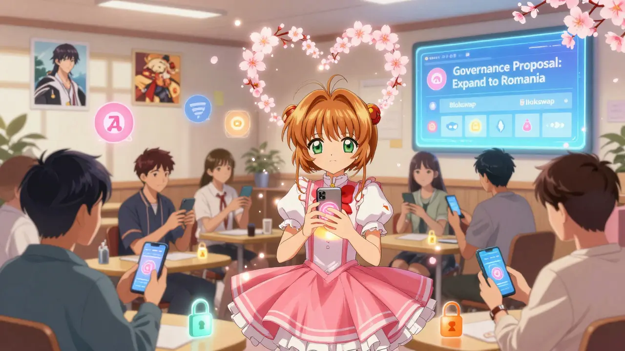 Friends staking BCC tokens together with floating NFTs and a holographic vote panel glowing softly.