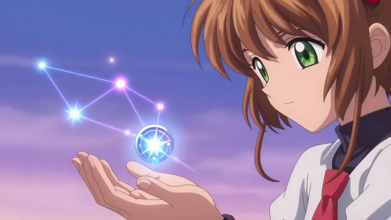 Hand placing shimmering token into digital energy network constellation.