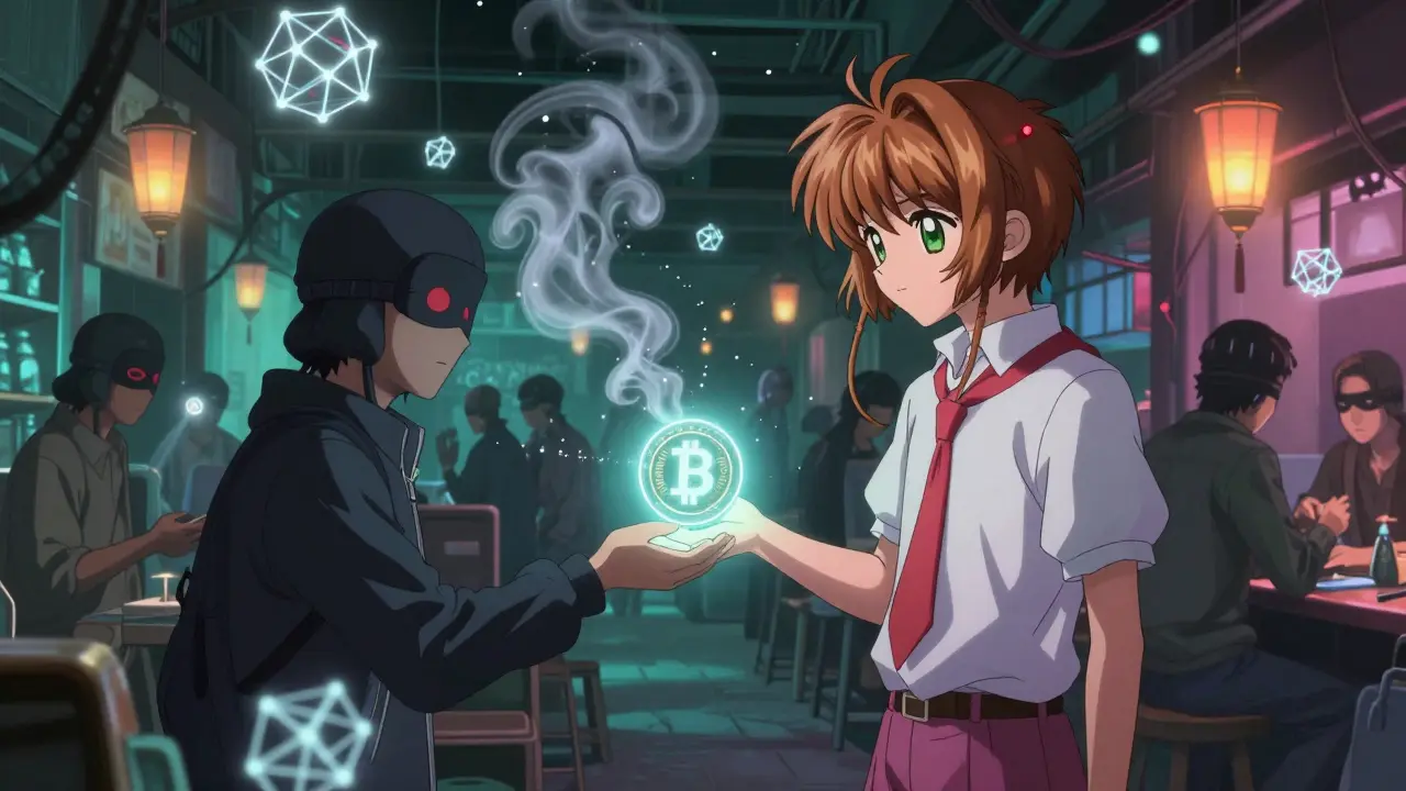 Hidden traders exchange cash for digital tokens beneath a bustling market, with glowing blockchain lanterns and one agent vanishing into smoke.