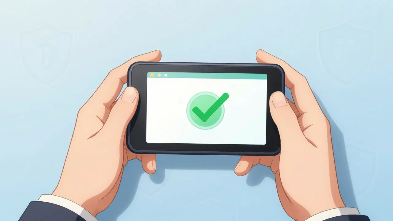 Person using hardware wallet with secure checkmark on digital screen