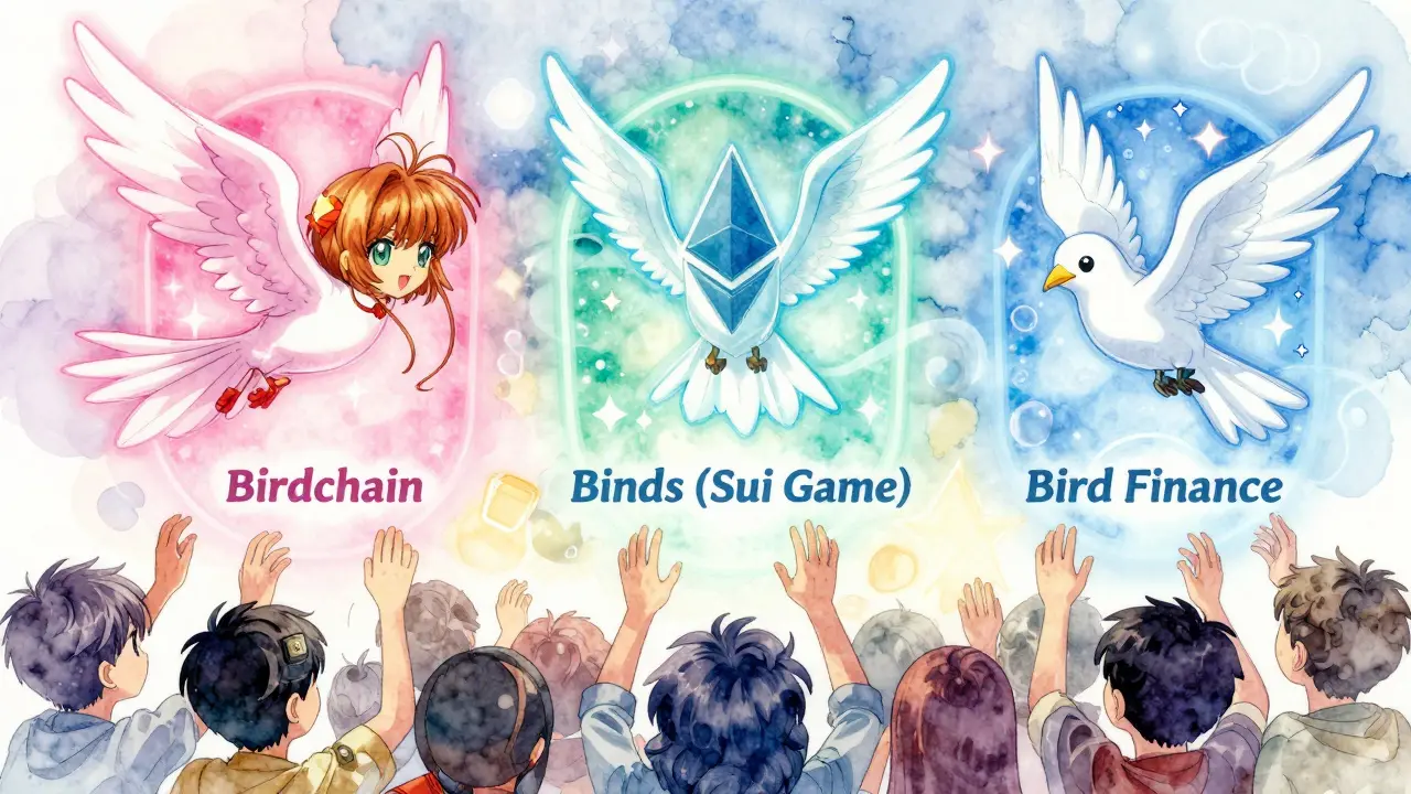 Three bird avatars fly toward separate portals, while a crowd below reaches for empty air.