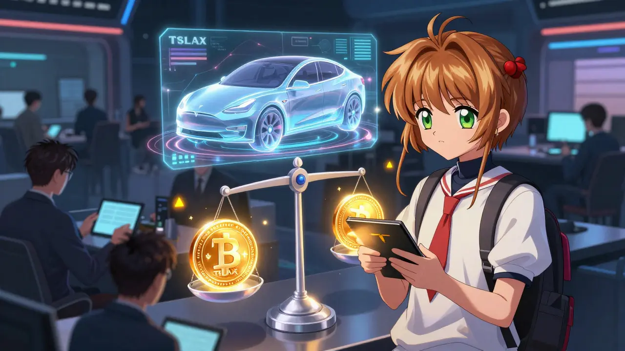 Traders on a crypto exchange floor buy TSLAX tokens as a holographic Tesla car spins above, balanced against a real stock certificate.