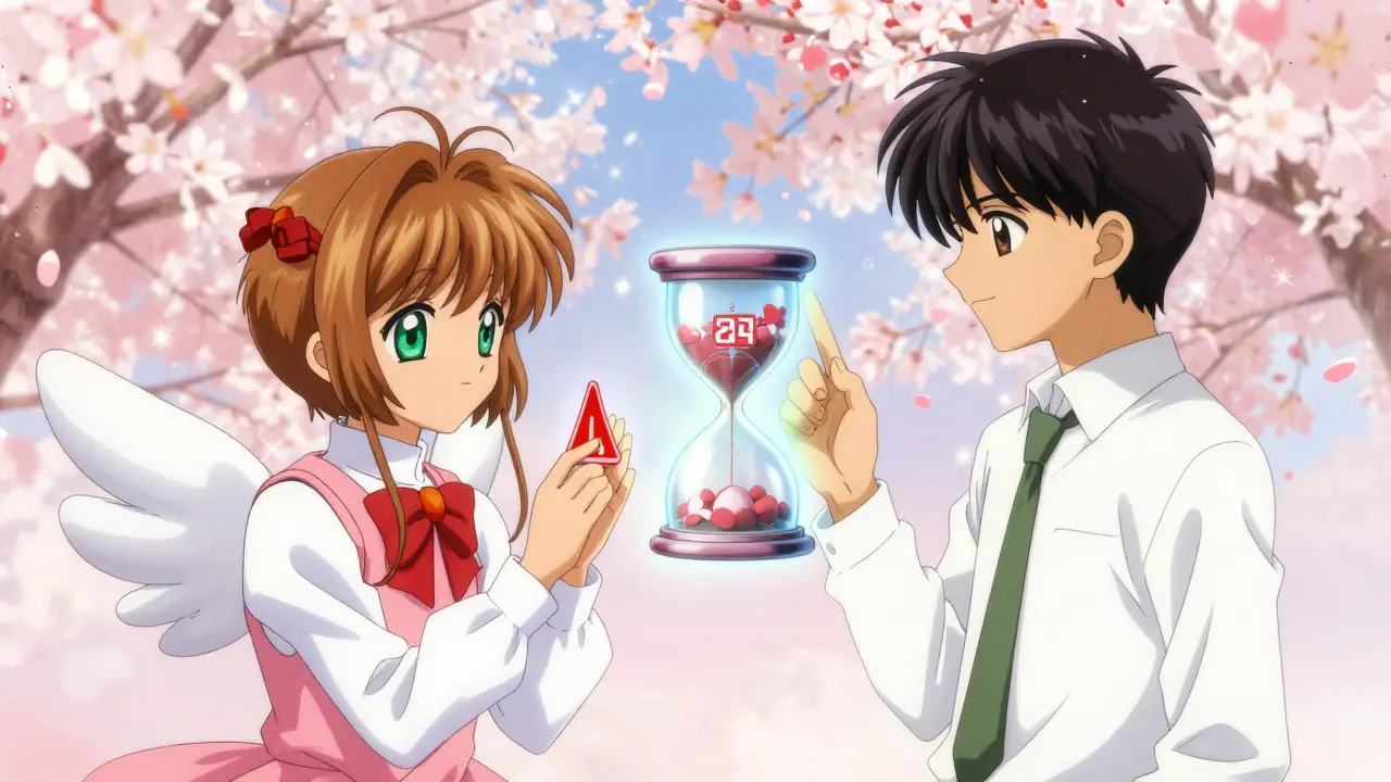 Two characters viewing personalized risk warnings and a 24-hour cooling-off hourglass in anime style