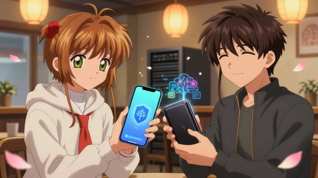 Two people exchange a Zcash card in a digital café with glowing transaction animations and drifting encrypted notes.