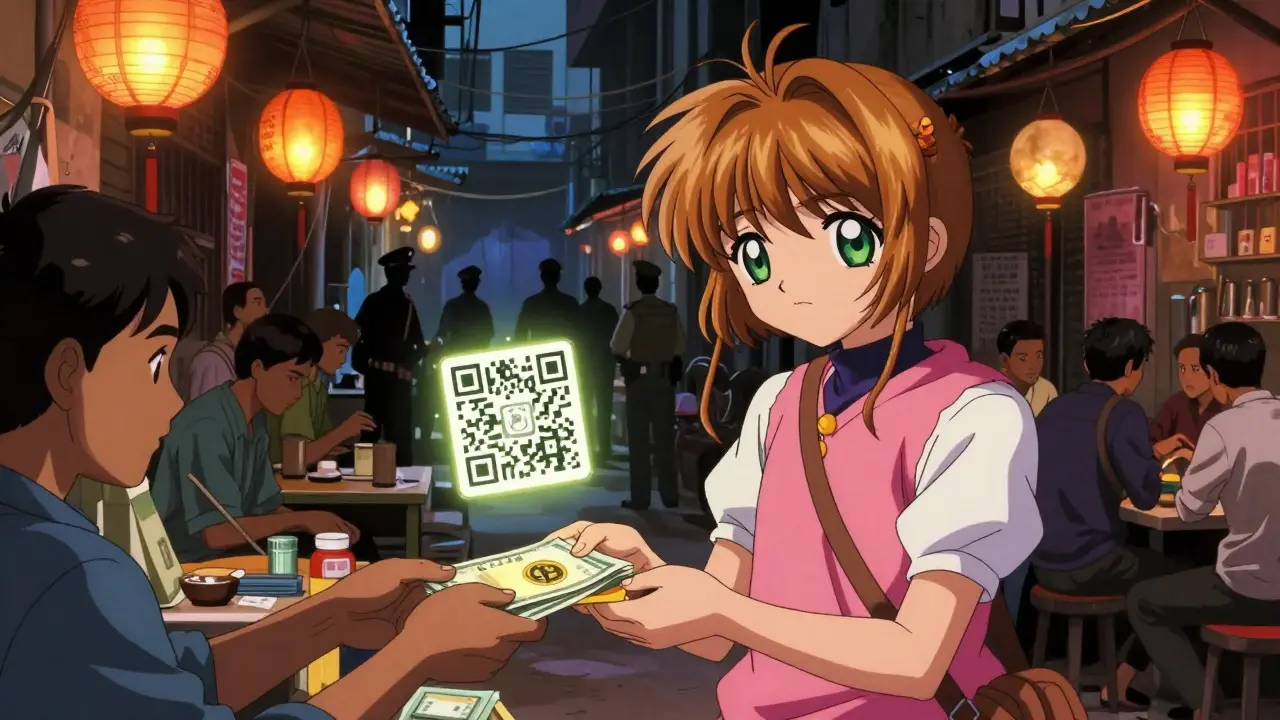 Underground crypto traders exchange cash in a bustling alley, glowing QR codes floating in the air.
