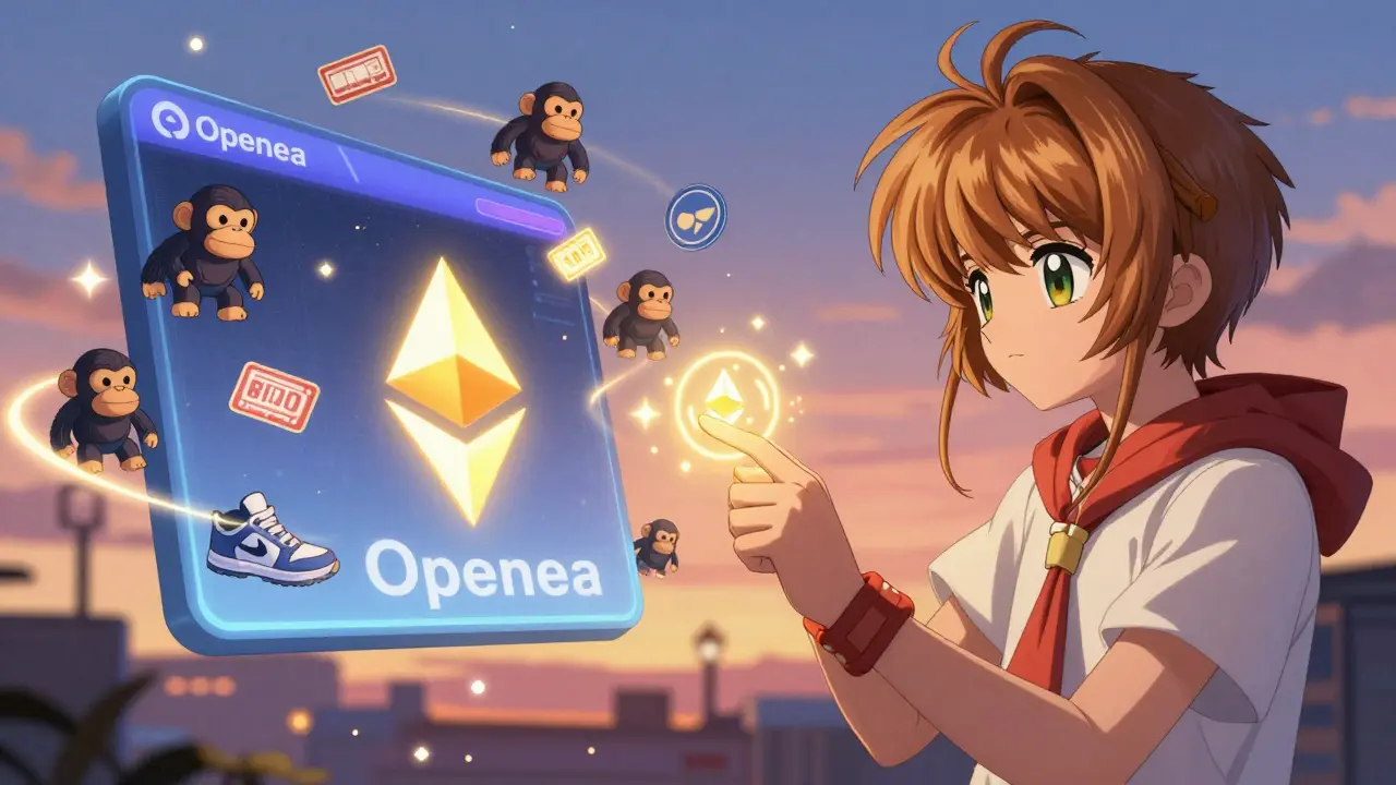 A boy connecting a glowing wallet to an OpenSea terminal as NFTs orbit him like magical spirits.