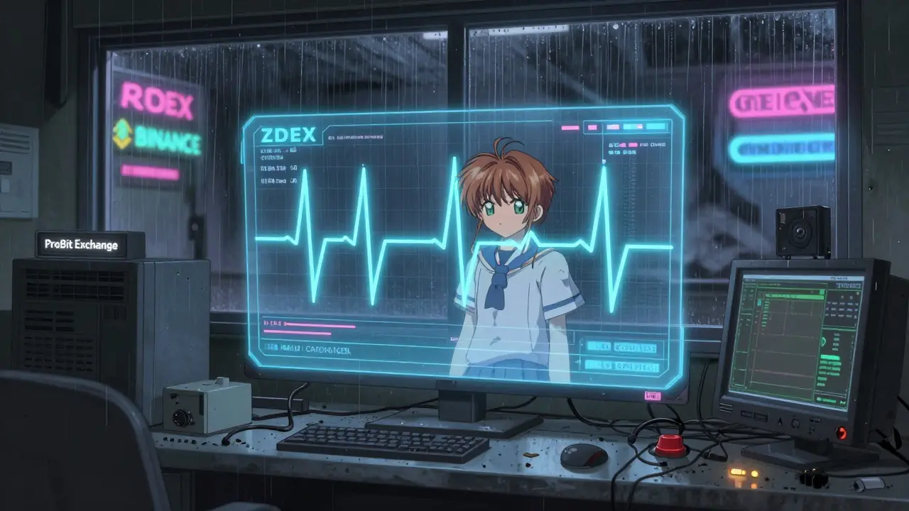 A flickering price chart glows in an empty server room, rain falling outside as other exchanges fade into the distance.