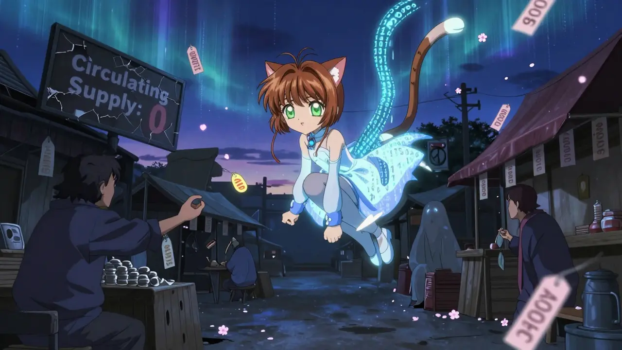 A ghostly cat spirit hovers above an empty marketplace with fading price tags and a sign reading 'Circulating Supply: 0'.