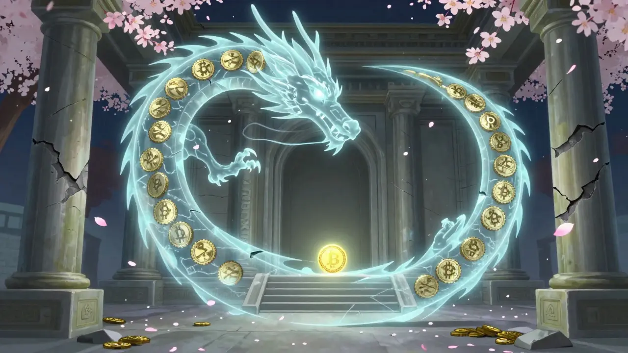 A ghostly dragon of digital coins circles a ruined temple marked 'Zeedex', with glowing petals vanishing as they touch it.
