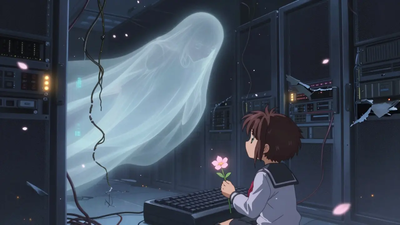 A ghostly founder above a dying server rack, with petals falling as a child places a flower on the keyboard, in delicate anime style.