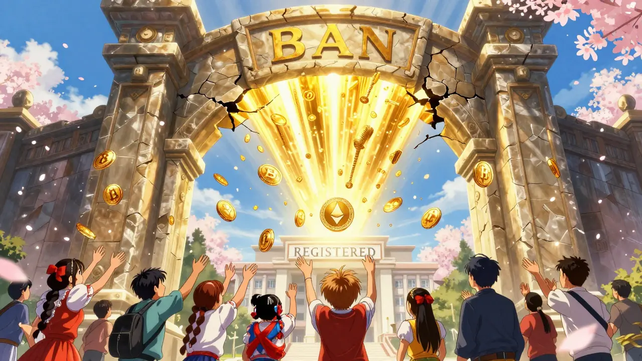 A giant 'BAN' gate cracks open as cryptocurrency coins burst forth, people reaching to catch them.