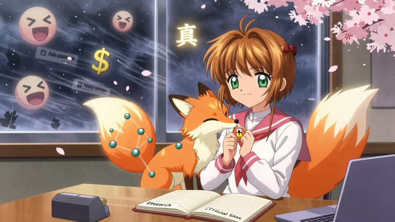 A girl sits peacefully with a blockchain fox spirit, surrounded by research notes as fake scams vanish in cherry petals.