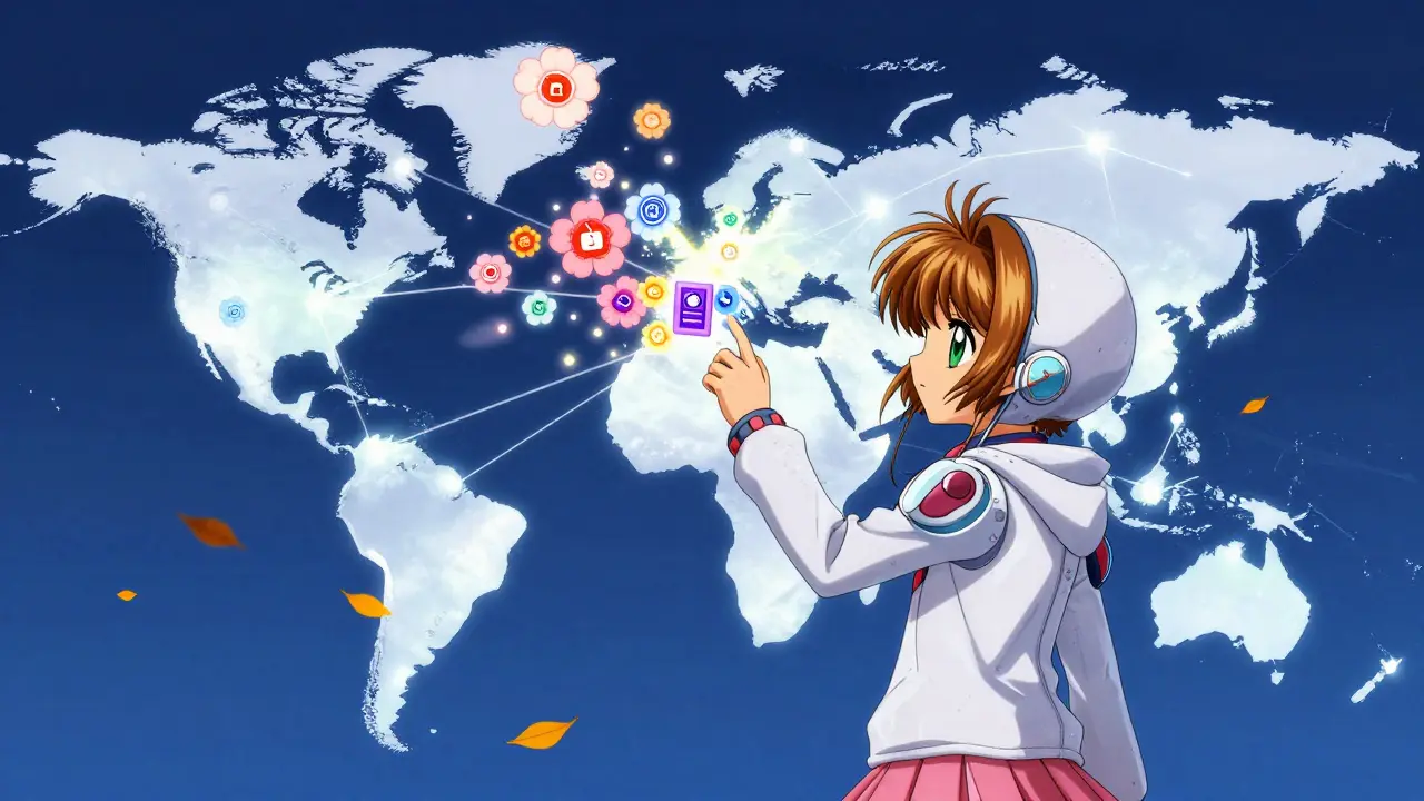 A global map glows with connected identity nodes as digital flowers bloom from a child's touch.