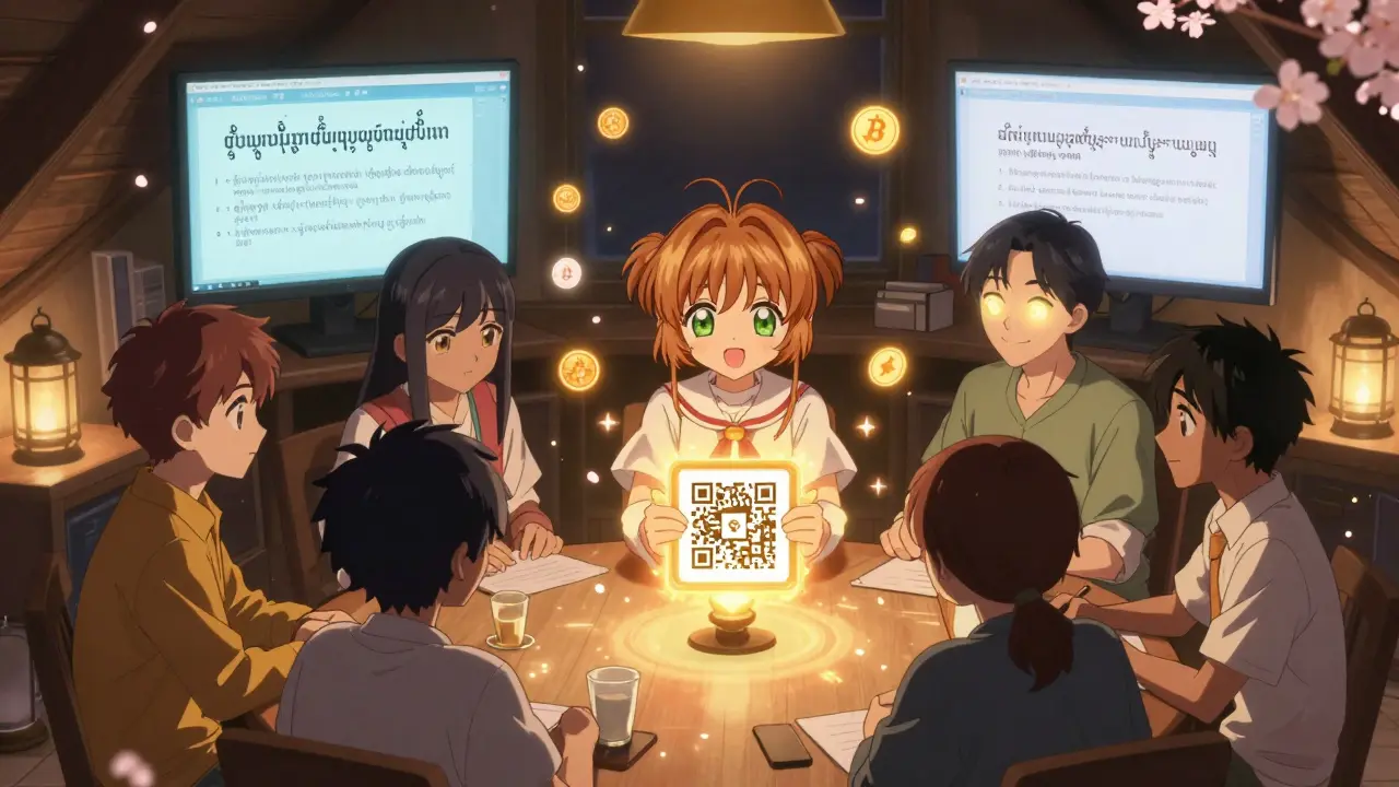 A group learns crypto safety in a cozy attic workshop, with floating digital symbols and warm lantern light.