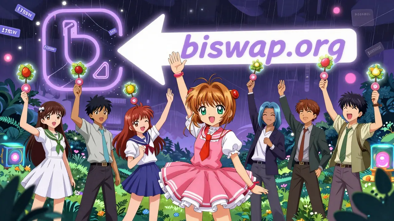 A group of users celebrate in a digital garden as BSW fruit grows from their LP tokens, with a giant arrow pointing to biswap.org while phishing links are sealed away.