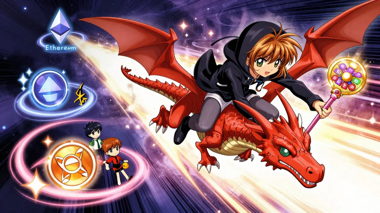 A hacker riding a blockchain dragon across parallel chains, using a dashboard wand to delegate votes dynamically.