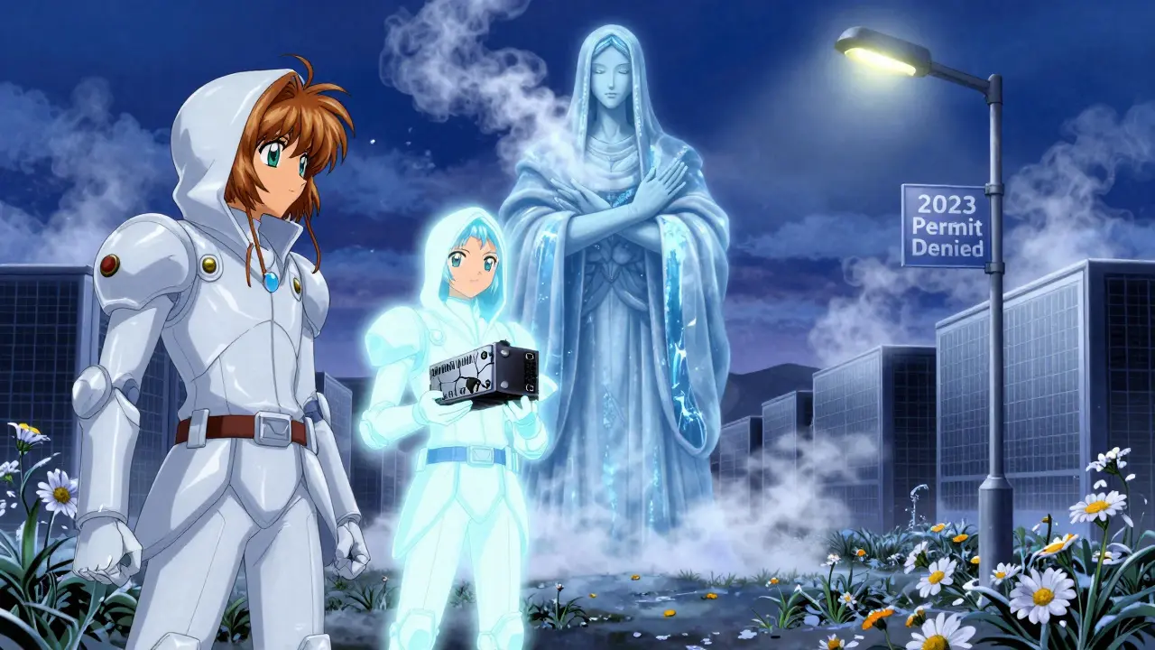 A miner faces a spirit of Iceland's energy grid, who refuses new mining with an outstretched hand.