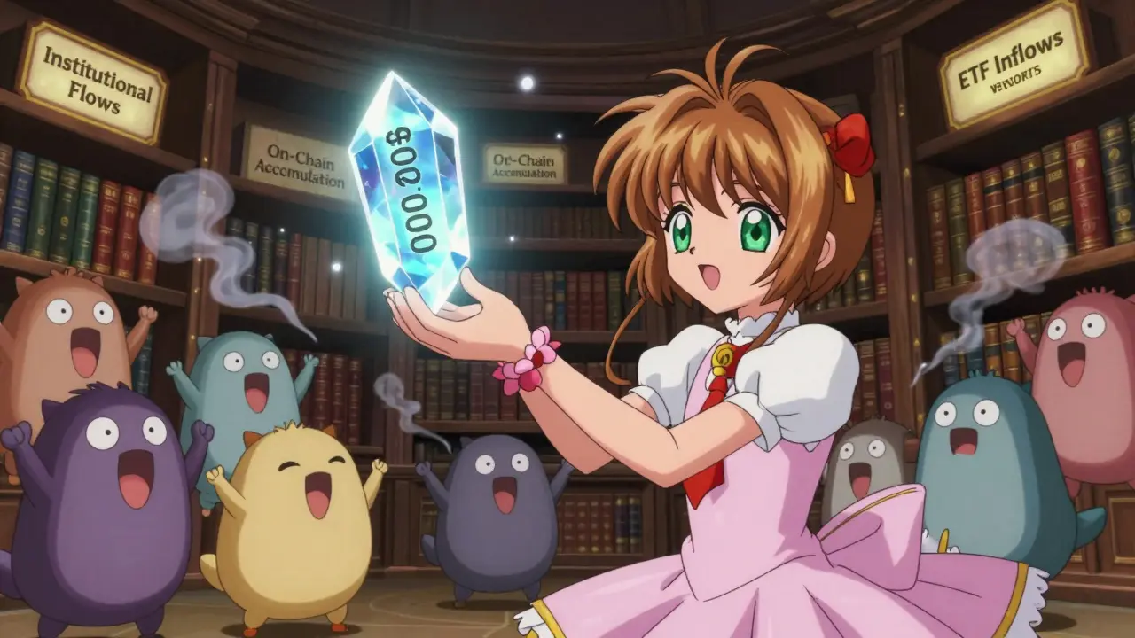 A mystical library of crypto data with a protagonist reaching for a glowing ,000 crystal amidst fading memes.