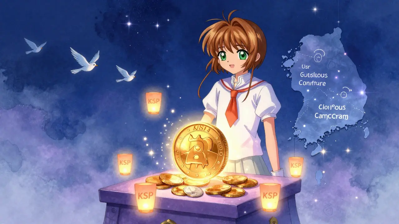 A serene figure stakes LP tokens at a glowing KSP altar under a starry sky with digital lanterns carrying rewards.