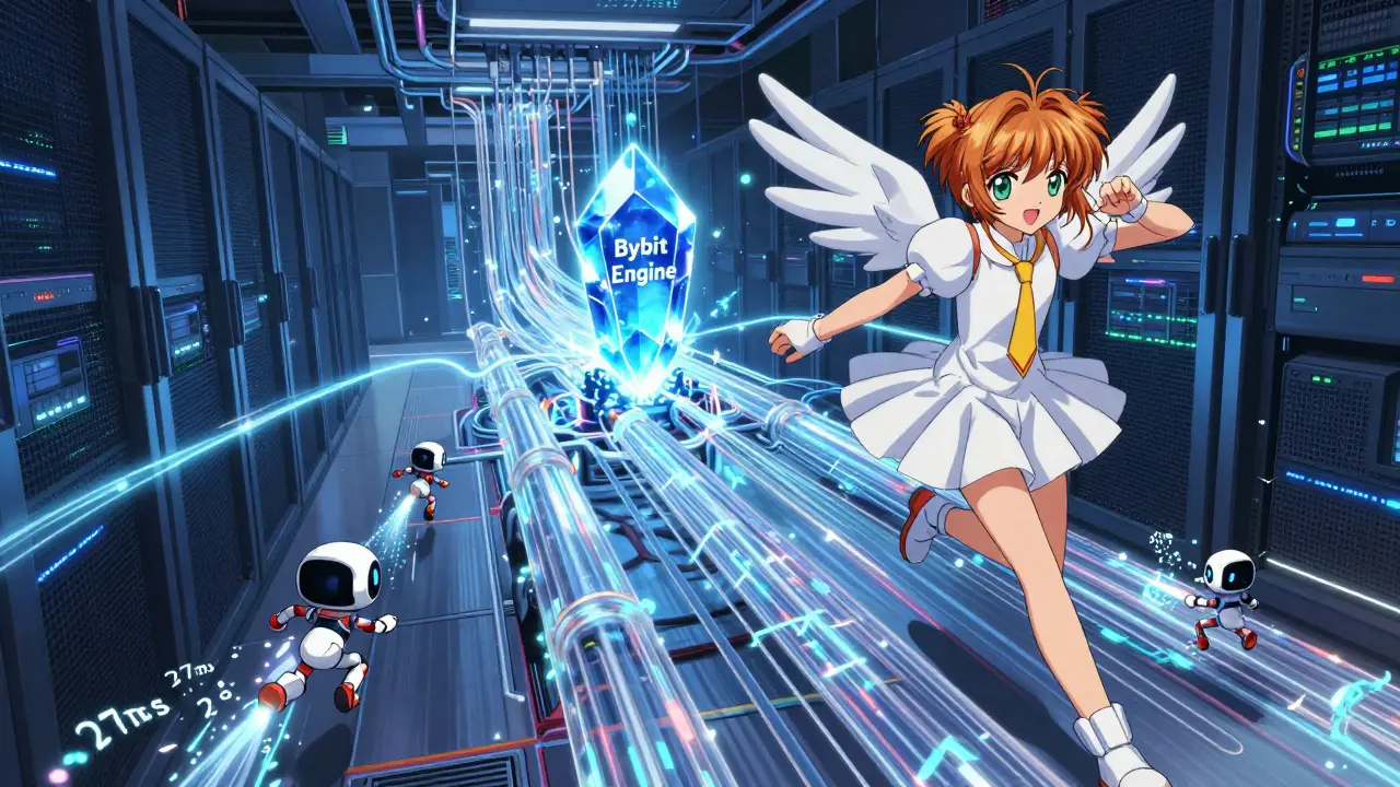 A server room with glowing data streams and a central crystal labeled 'Bybit Engine' pulsing with energy.
