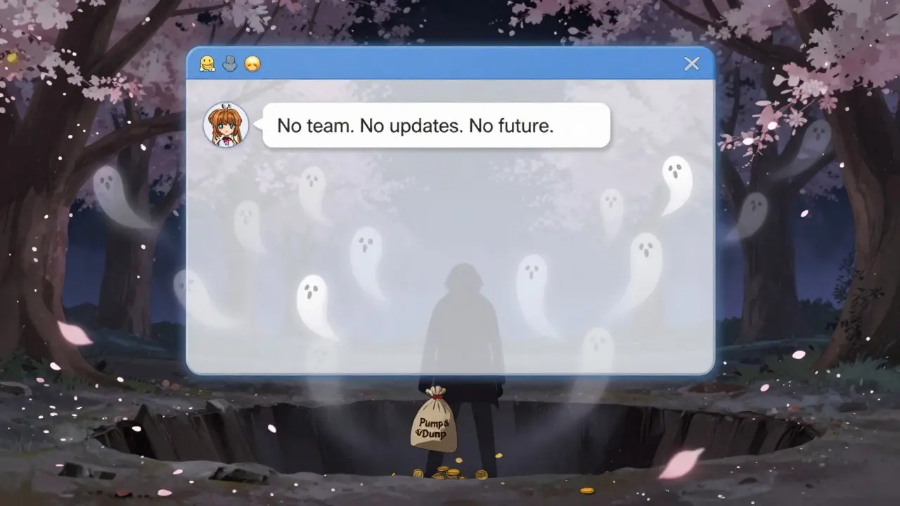 A silent chat window fades as 385 avatars vanish, with cherry blossoms falling upward in melancholic anime style.