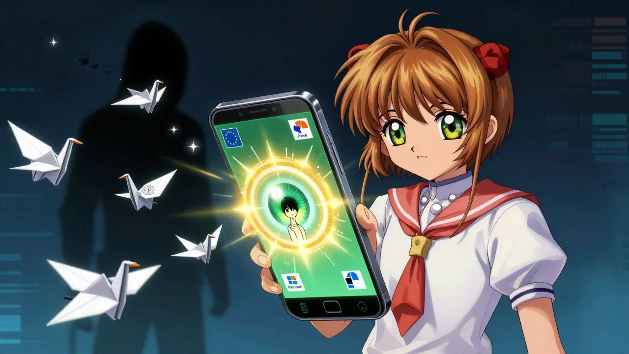 A smartphone projects an iris verification aura with floating digital credentials as a hacker fades into static.