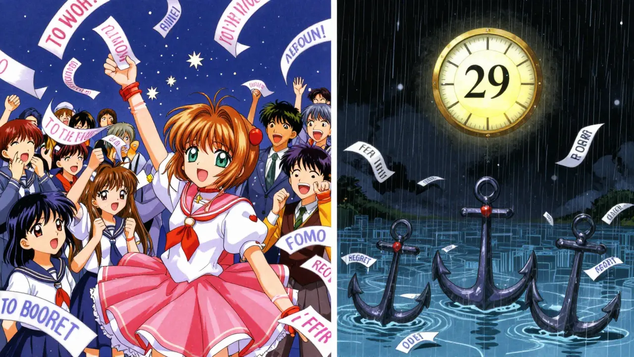 A split scene: joyful crypto chatter in January turns to heavy rain and sinking anchors in February.