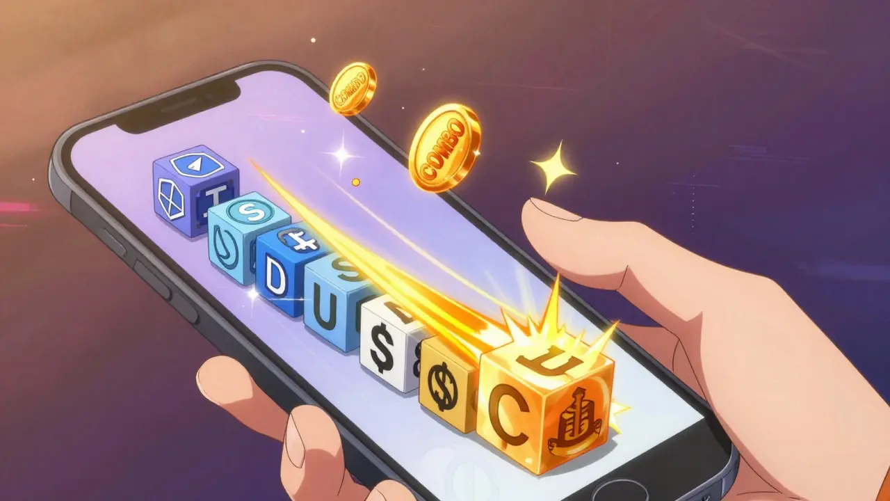 A teen clicking a button that triggers a cascade of token transformations with sparkling COMBO tokens.