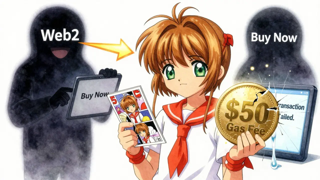 A teen holds a cheap digital comic while a massive  gas fee coin cracks above them.