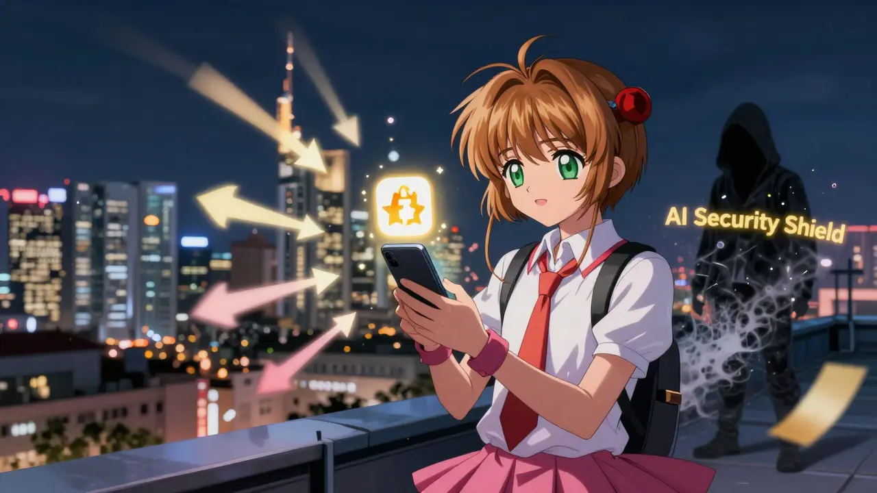 A teen trader on a rooftop with a floating app icon and protective digital shield blocking a hacker.