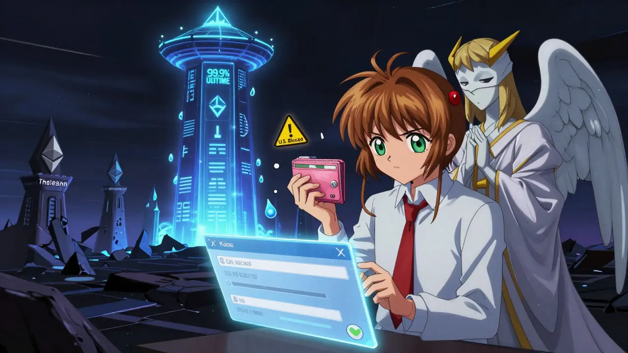 A trader faces a frozen transaction while a guardian offers a Kaikas wallet, with a Klaytn tower glowing behind them.