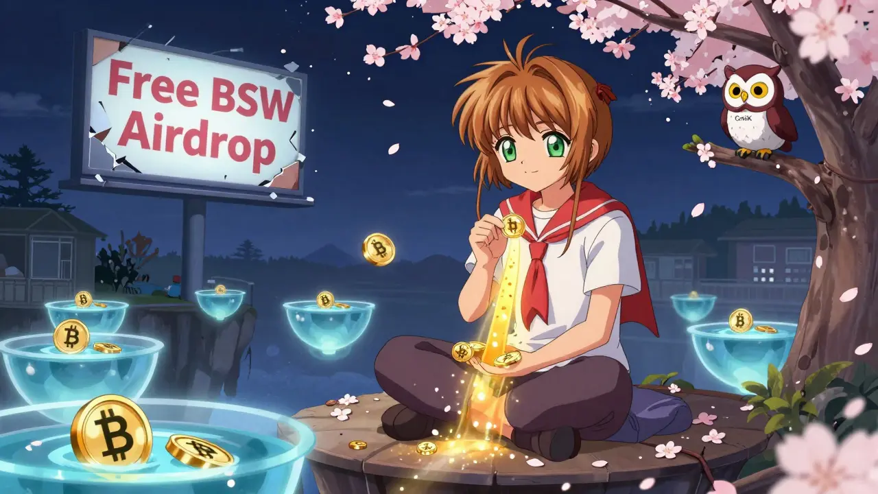 A trader sits on a floating platform surrounded by glowing liquidity pools and golden reward streams, as a 'Scam' billboard crumbles into pixels under a protective owl.