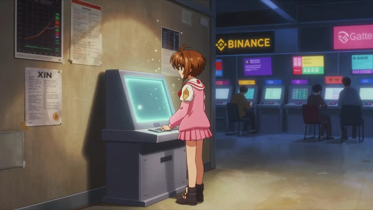 A user facing an empty trading terminal while other exchanges glow brightly in the background, in Cardcaptor Sakura anime style.