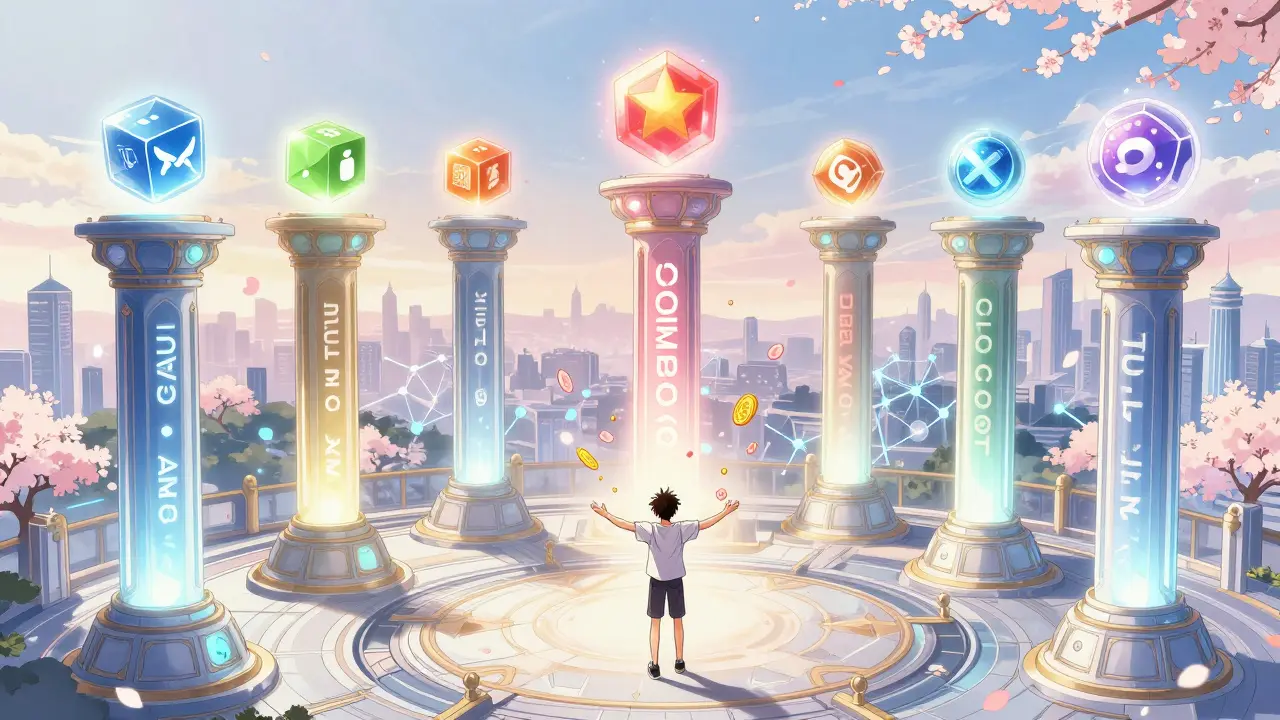 A user standing before seven glowing protocol pillars as COMBO tokens fall like cherry blossoms.
