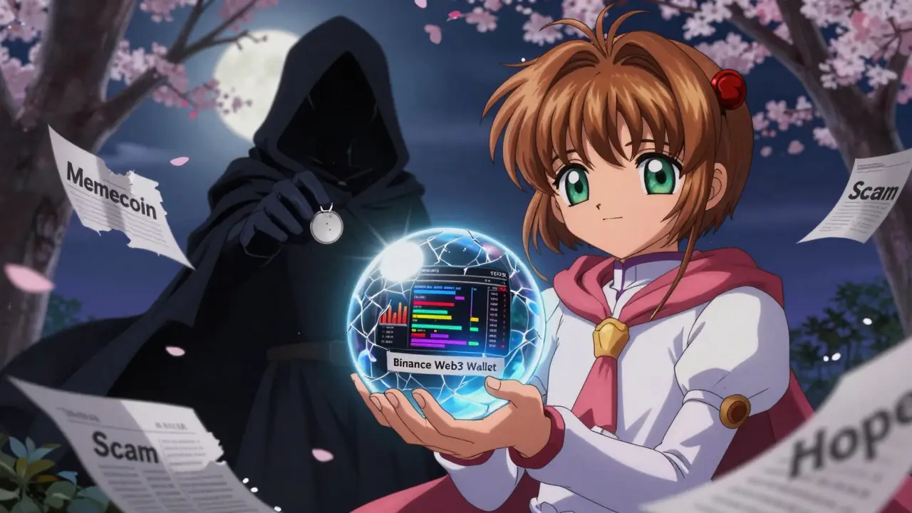 A young adventurer holds a cracked wallet orb reflecting chaotic price graphs as a shadowy figure offers an empty token.