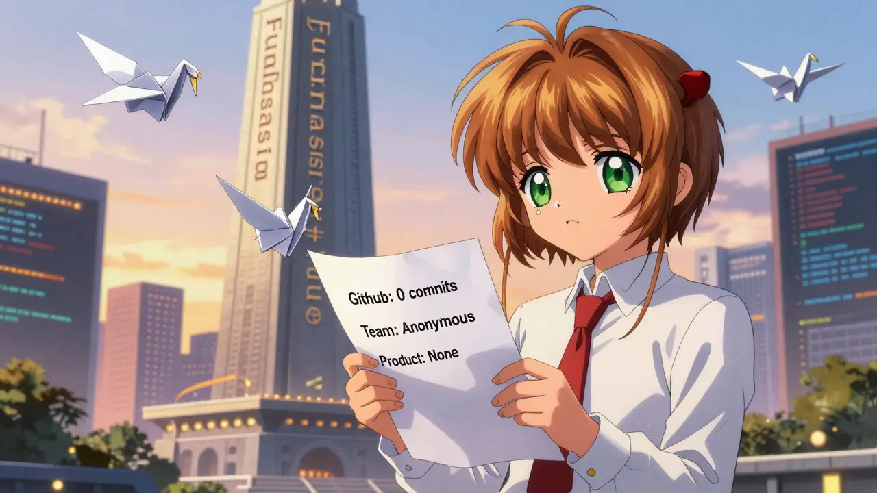 A young investor releases origami cranes labeled with project failures as distant successful projects glow.