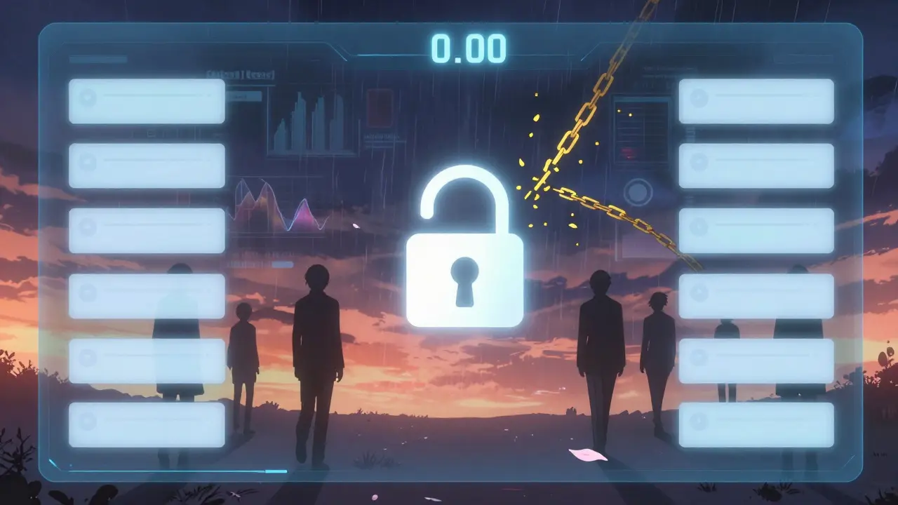 An empty crypto dashboard with a locked token and breaking vesting chains under a sunset.