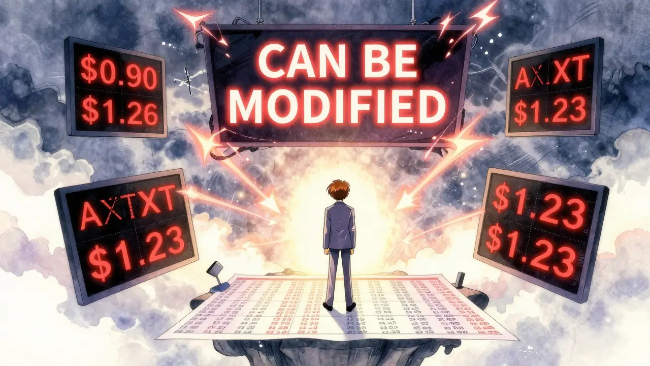An investor stands on price charts as conflicting AXT prices float around them, with a glowing 'CAN BE MODIFIED' contract above.