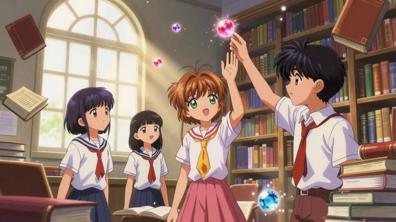 Anime students studying with floating digital crystals in a library.