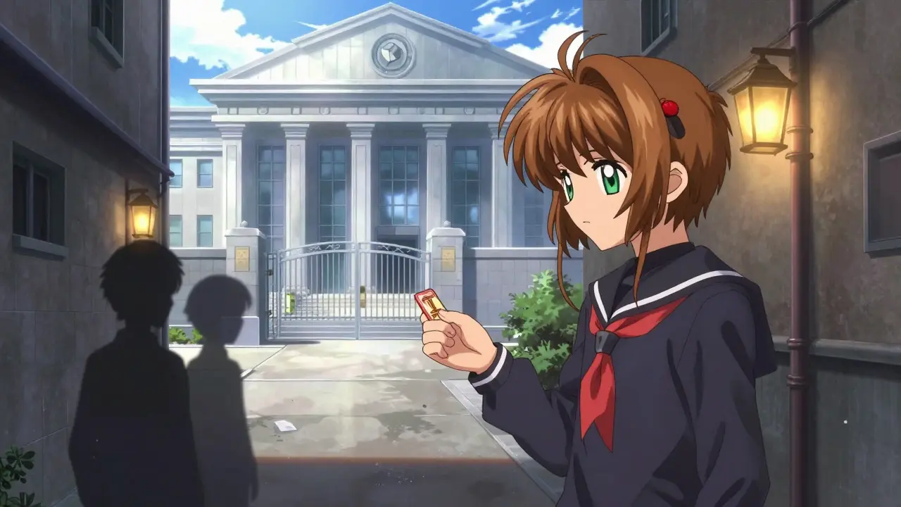 Closed bank building contrasted with secret street transaction