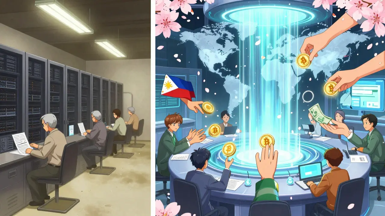 Contrasting old SWIFT office with a vibrant crypto hub where digital coins flow across continents like magical waterfalls.