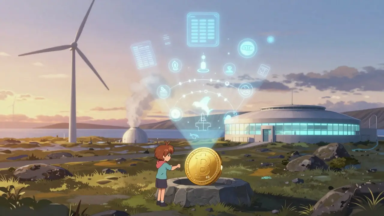 Dawn in Iceland: AI lab and geothermal plant shine as digital blockchain applications replace old mining rigs.