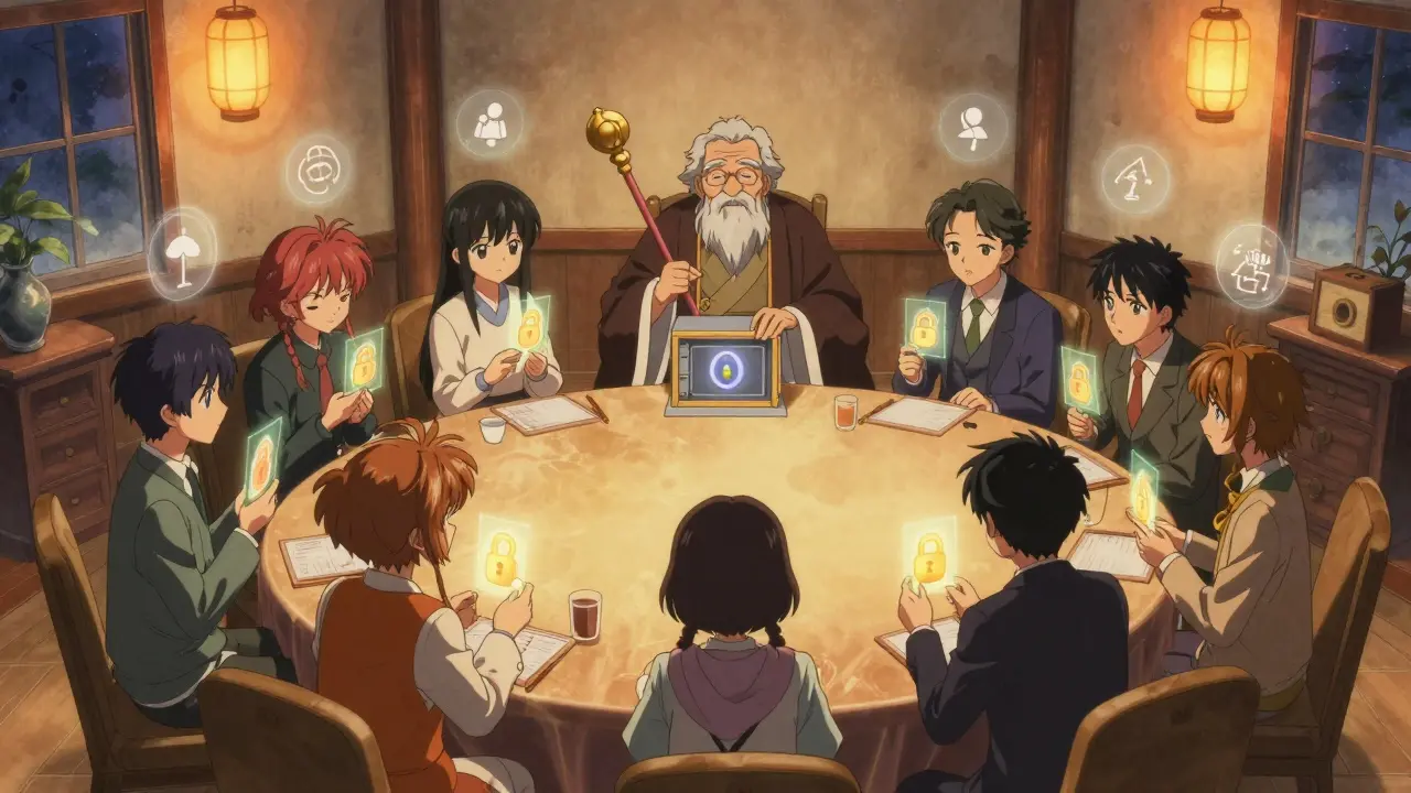 Diverse anime characters in a warm-lit room voting with glowing membership shares around a circular table.