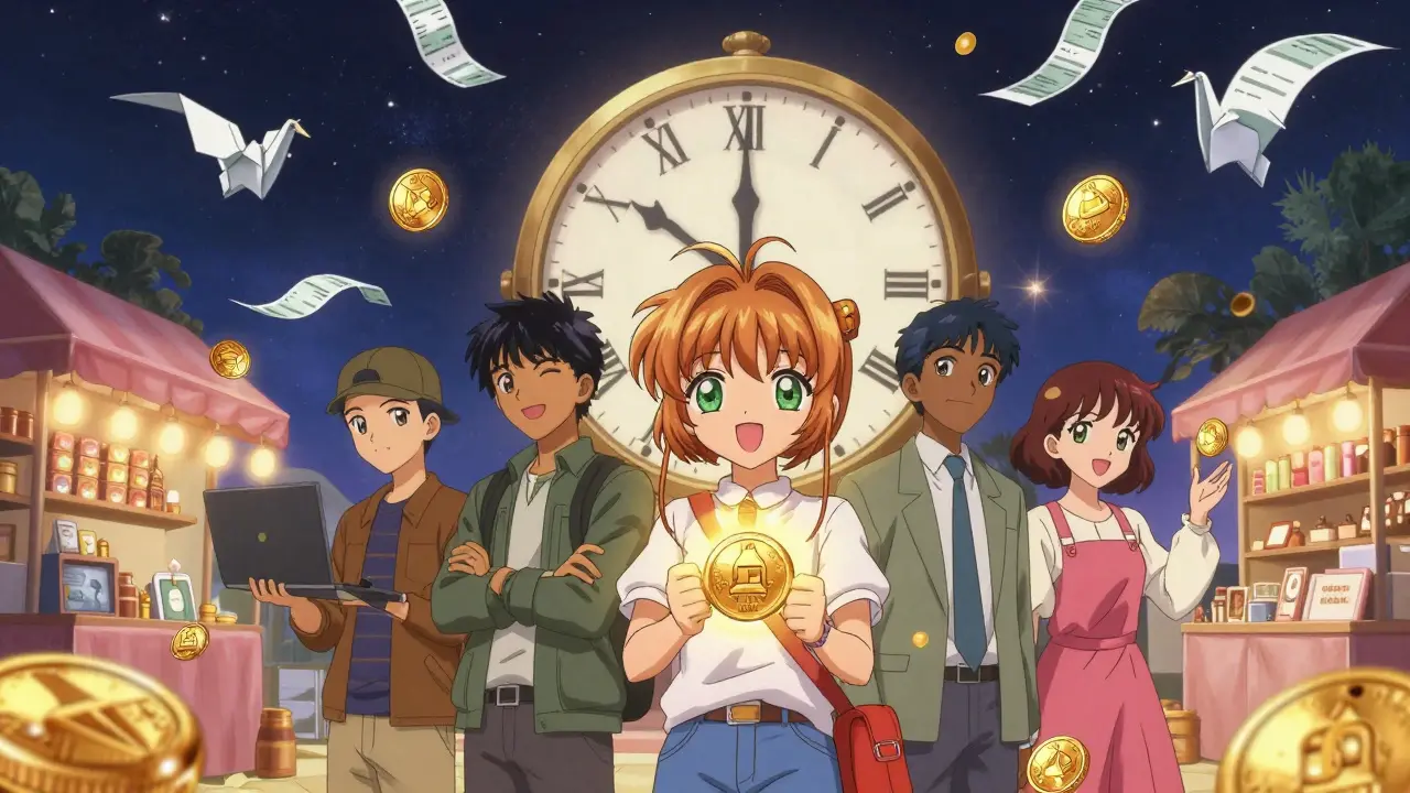 Diverse business owners stand together as stablecoins orbit like celestial bodies, symbolizing fast, global payments.