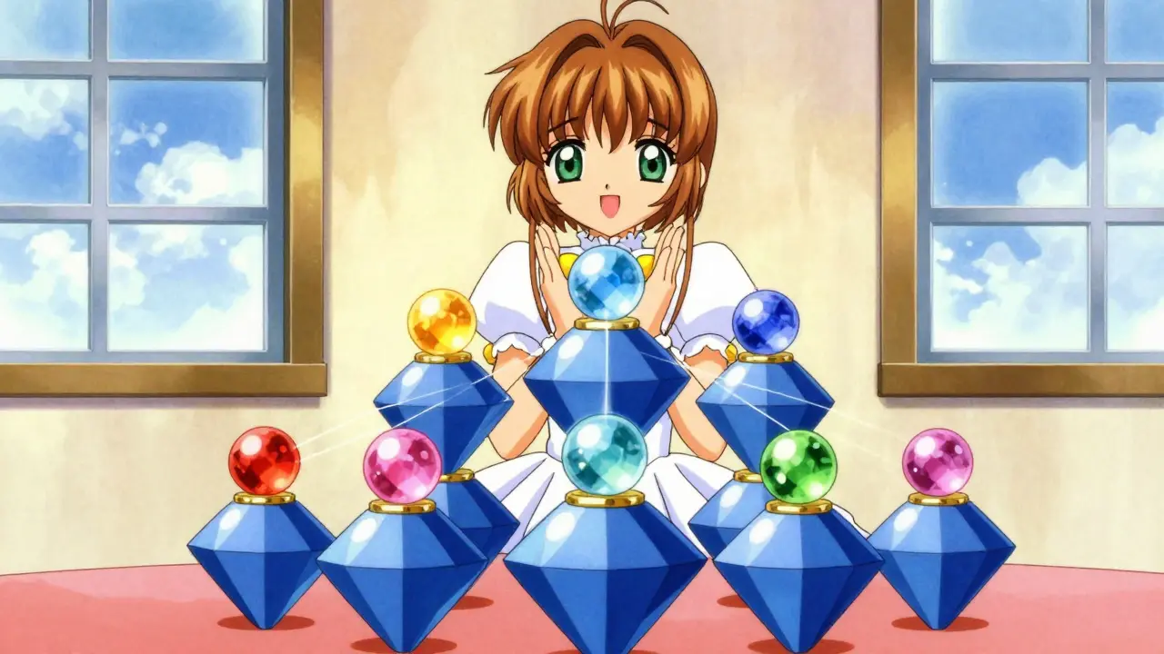 Floating crystals arranged in a tiered pyramid structure