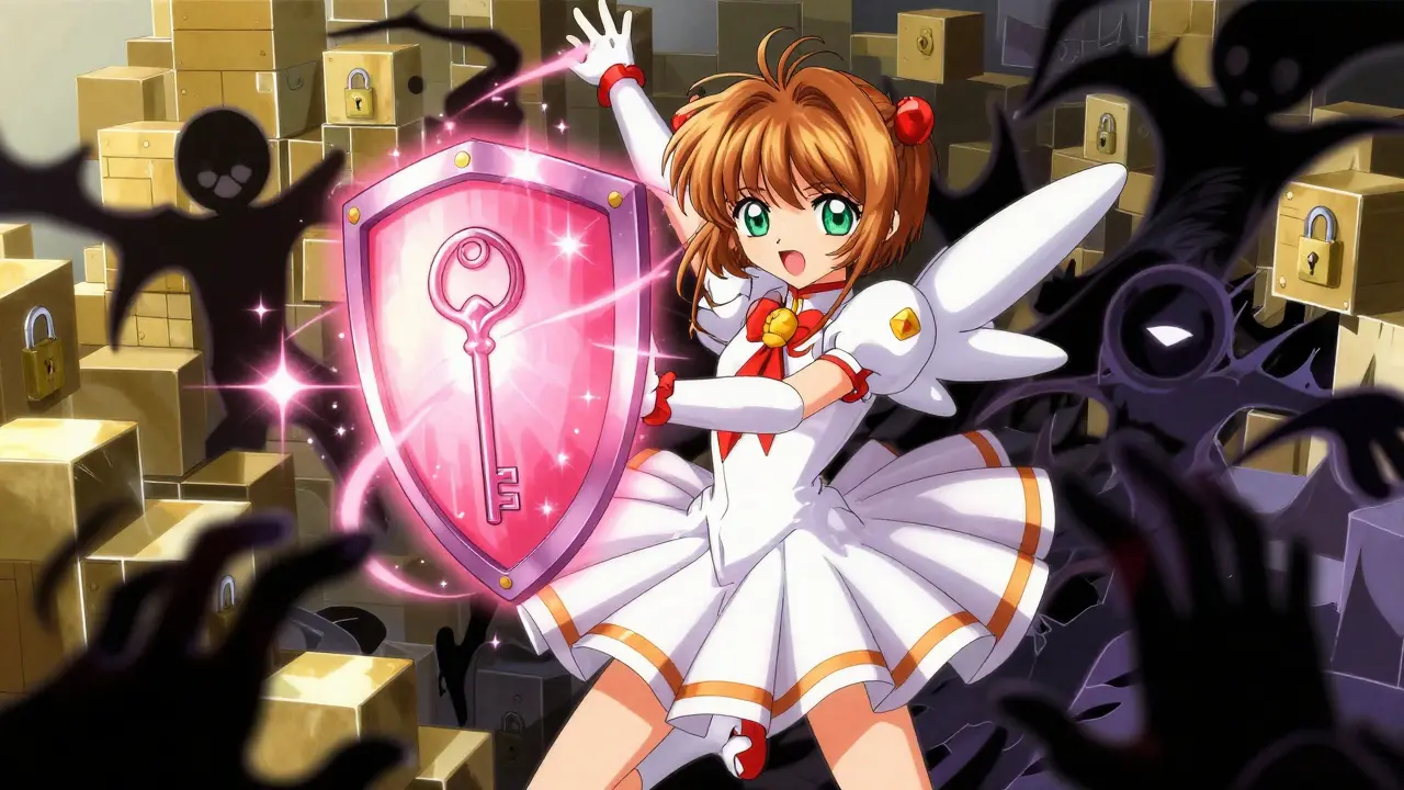 Magical girl raising a shield against shadowy figures to protect a key.