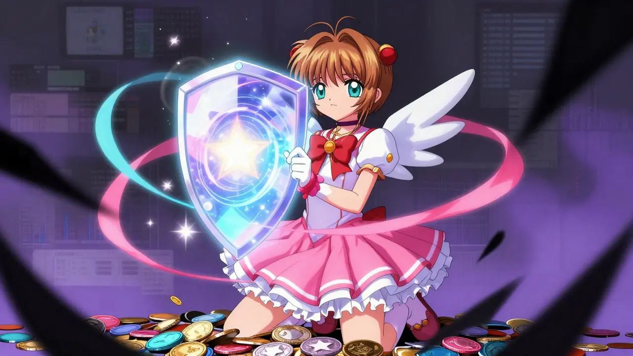 Magical girl shielding assets from dark swirls with a starlight barrier.