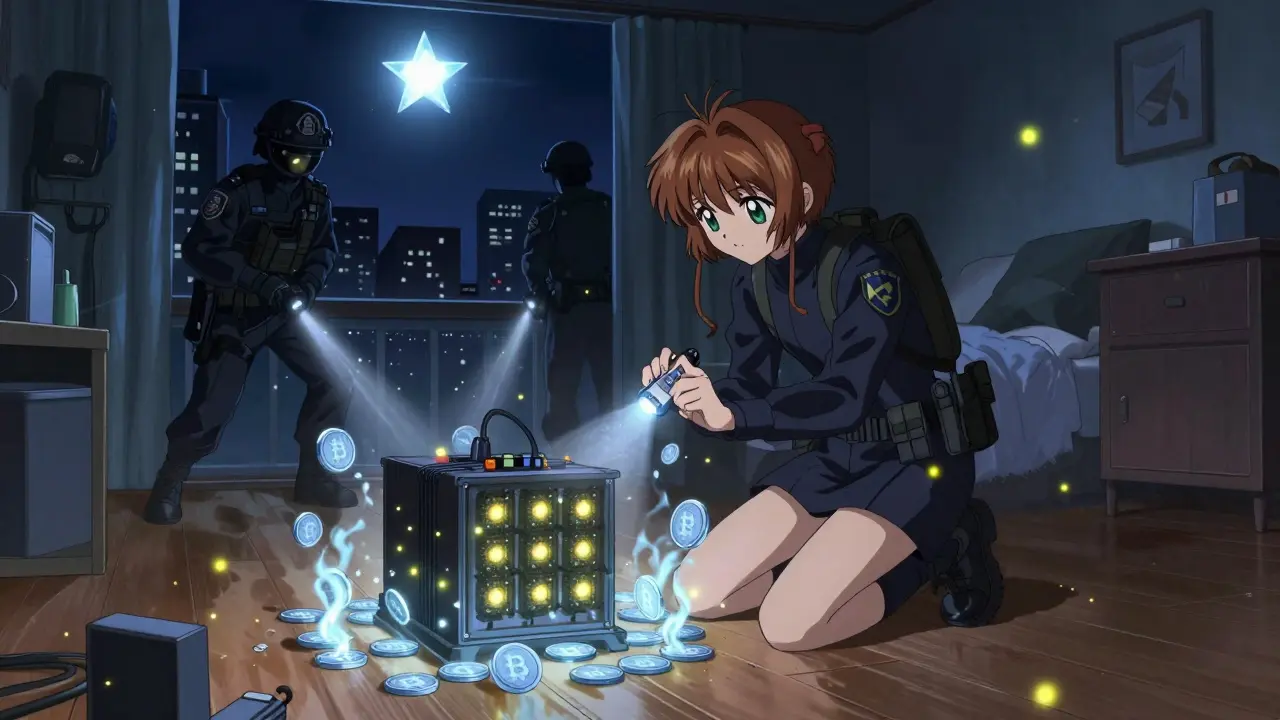 Military officers raid a hidden crypto mining rig as glowing USDT coins rise protectively around a young woman.