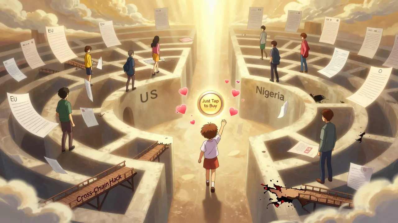 People lost in a maze of conflicting crypto laws, with one child reaching for a simple 'Just Tap' button.